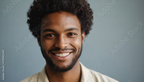 Black Male in His 20s, Smiling for Portrait with Soft Light and Subtle Makeup
