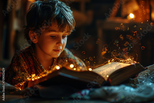 a child reading magical book glowing with symbols