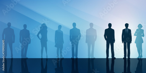 Silhouettes of group of business people standing in line on sky blue background