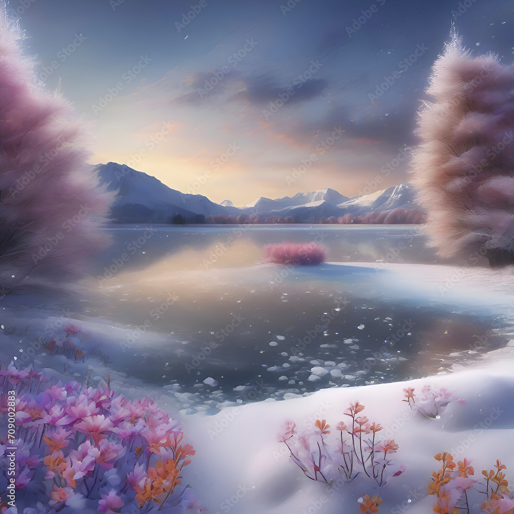 Beautiful scenery of a frozen lake with colorful snow flowers. 