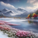 Beautiful scenery of a frozen lake with colorful snow flowers. 