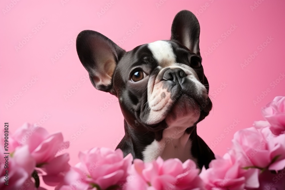 Charming dog Enjoying Spring Blossoms on a colour Backdrop - Generative AI