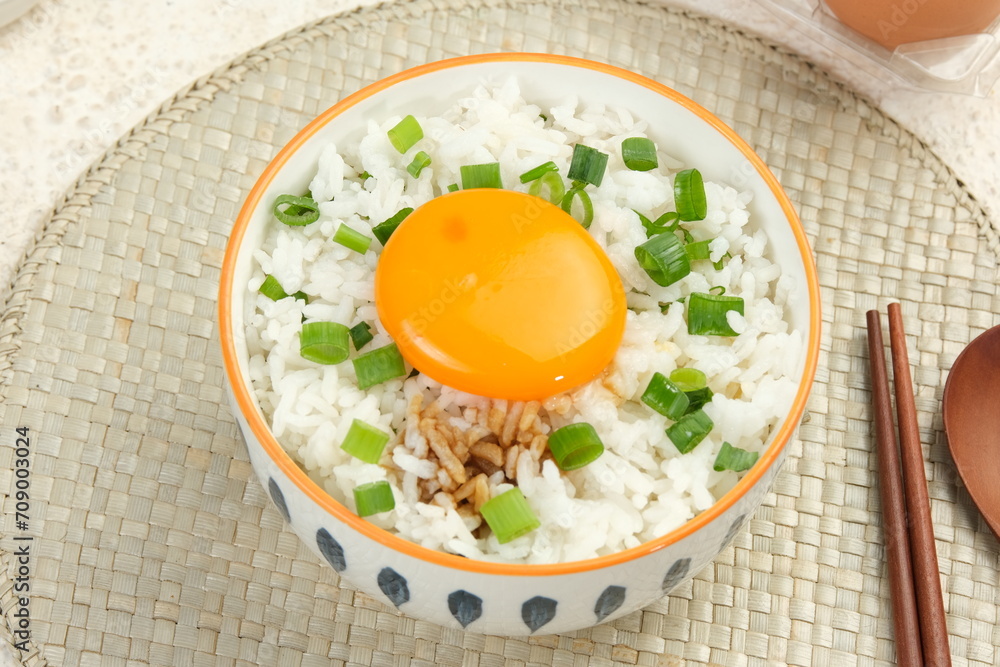 tamago kake gohan or Japanese warm rice with a raw egg	