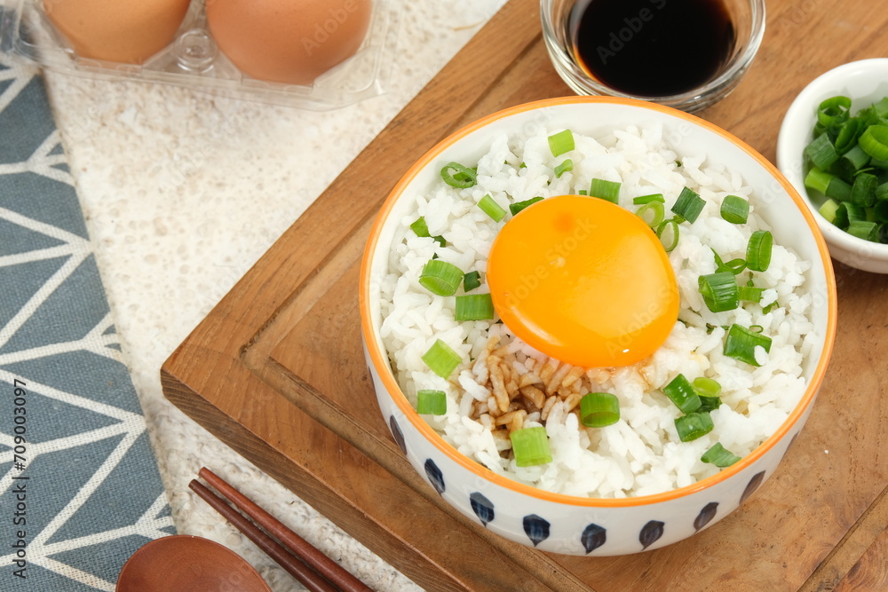 tamago kake gohan or Japanese warm rice with a raw egg tamago kake gohan or Japanese warm rice with a raw egg