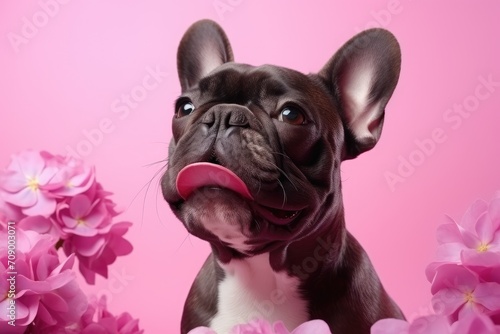 Charming dog Enjoying Spring Blossoms on a colour Backdrop - Generative AI © Gelpi