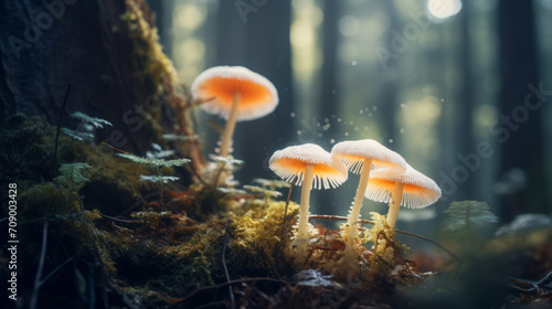 Mushrooms in a forest setting close-up