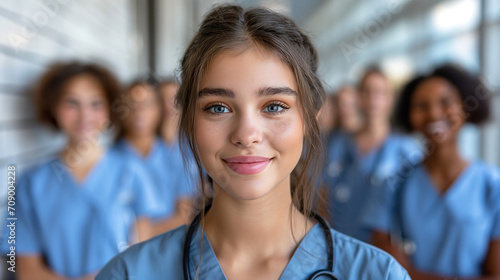 Portrait of happy young nurse in uniform with healthcare team in background.