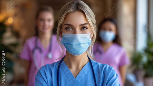 Portrait of happy young nurse in uniform with healthcare team in background.