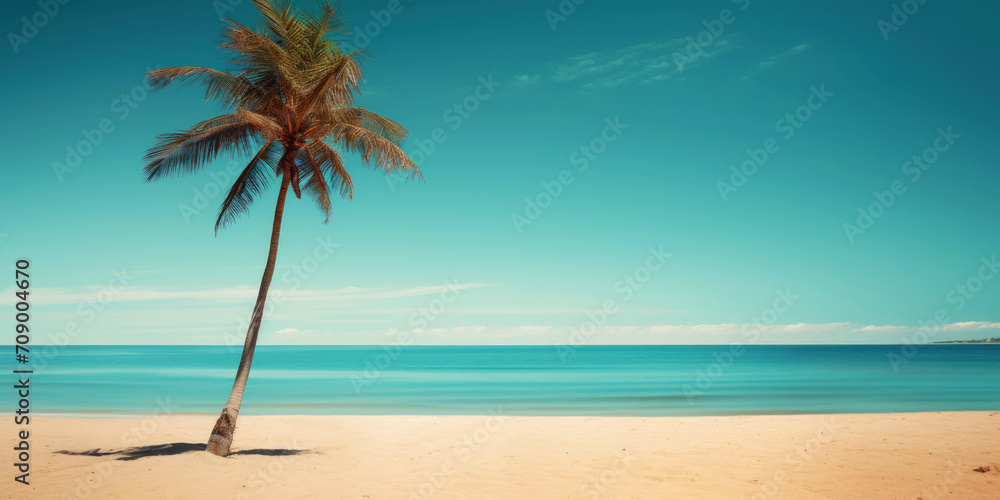 Fototapeta premium Palm on a sunny tropical sea shore under turquoise sky. Vacation concept. Generative AI