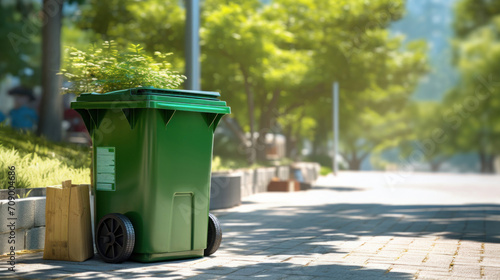 A green waste bin with overgrown plants on top, blending urban waste management and nature in a city setting.