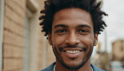 Black Man with Big Smile, Curly Hair and Blue Jeans in Soft Light Portrait