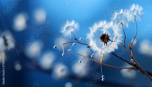 
Dandelions are round white in the foreground with flying seeds on a blue background. Concept: background screensaver, wild flowers