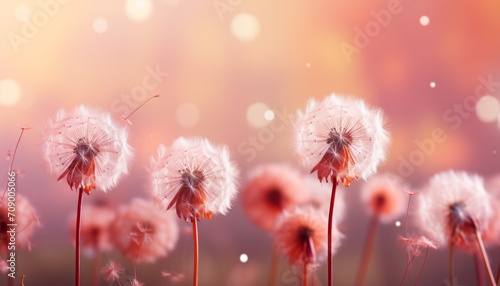 Dandelions are round white in the foreground against a bright background. Concept  background screensaver  wild flowers