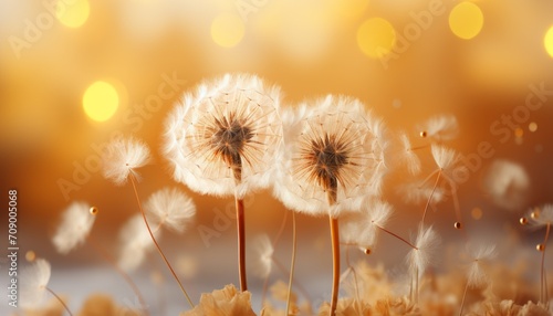 Dandelions are round white in the foreground against a bright background. Concept: background screensaver, wild flowers