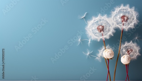 
Dandelions are round white in the foreground with flying seeds on a blue background. Concept: background screensaver, wild flowers