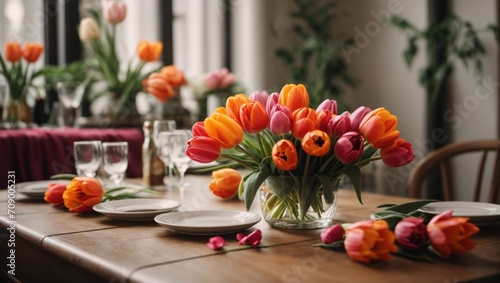 Beautiful table setting with tulips on blurred background
