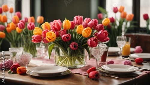 Beautiful table setting with tulips in vase