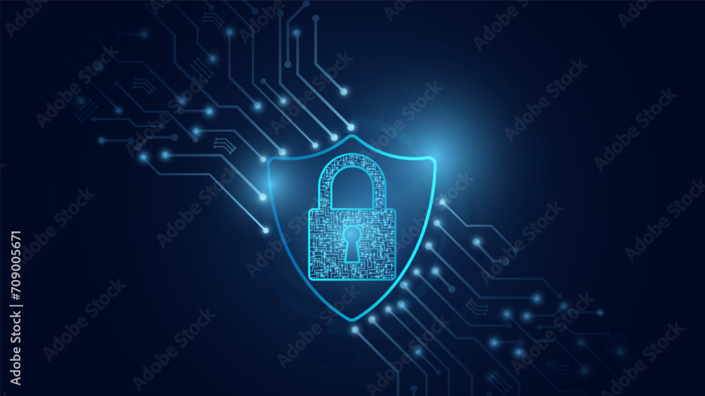 Cybersecurity and information protection. Data protection concept design for personal privacy, and cyber security. Blue color abstract technology. Shield With Keyhole icon, Vector and Illustration. - obrazy, fototapety, plakaty 
