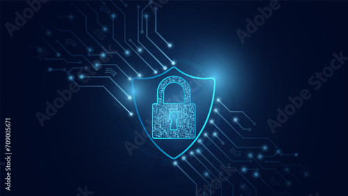 Cybersecurity and information protection. Data protection concept design for personal privacy, and cyber security. Blue color abstract technology. Shield With Keyhole icon, Vector and Illustration. photo