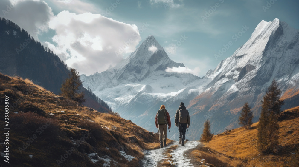 Two hikers walking on a mountain path towards a majestic snowy peak, surrounded by autumnal foliage and a clear sky.