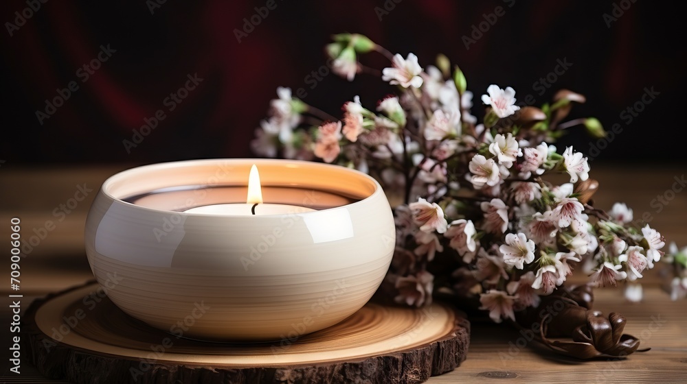 A candle in a cup on a saucer next to a blooming jasmine branch on a wooden table against a background of green plants. Concept: aromatherapy and relaxation, copy space banner
