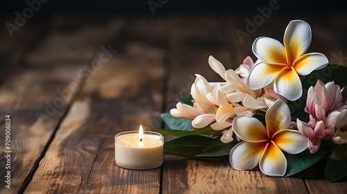 A lit candle with frangepani flowers on a wooden surface against a sunset background. Concept: spa relaxation, aromatherapy
