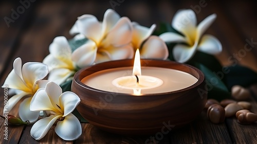 Close-up of a lit candle with frangepani flowers on a wooden surface against a sunset background. Concept: spa relaxation, aromatherapy
