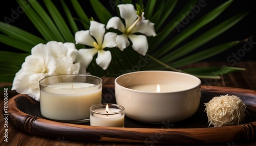 Palm leaves and a lit candle close-up with frangepani flowers on a wooden surface against a sunset background. Concept: spa relaxation, aromatherapy 