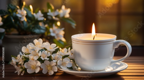 Candle in a cup.  blooming jasmine branch on a wooden table against a background of green plants. Concept: aromatherapy and relaxation, copy space banner
