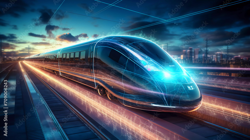 Modern high speed train traveling to the technological and innovative future. Digital hologram and internet of things. Network wireless systems concept - obrazy, fototapety, plakaty 