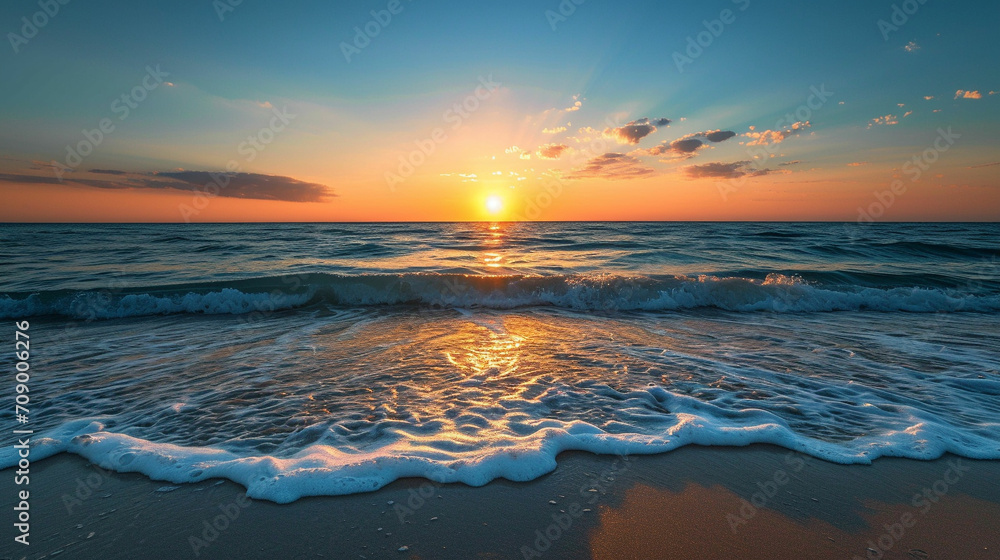 sunset on the beach with blue sky and sea wave