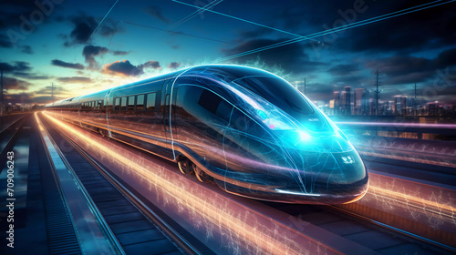 Modern high speed train traveling to the technological and innovative future. Digital hologram and internet of things. Network wireless systems concept photo