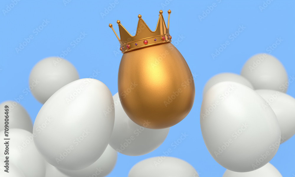Heap of farm white chicken eggs and unique gold egg in royal king crown