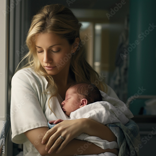 Nurse cradling a day-old infant, newborn baby, displaying genuine emotions of nurture and care. Tender healthcare moment captured in a modern hospital setting 