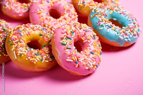 Delicious glazed donuts on pink background, closeup view
