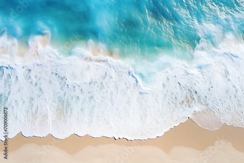 Aerial view of beautiful tropical beach with turquoise ocean wave.