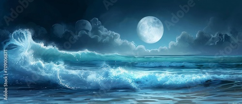 mesmerizing seascape night fantasy, beauty of waves illuminated by the light of a full moon, magical and serene ambiance of the scene with a touch of fantasy