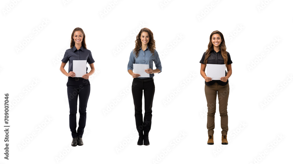 Obraz premium Set of images of smiling female courier looking at camera, full body, on transparent background PNG