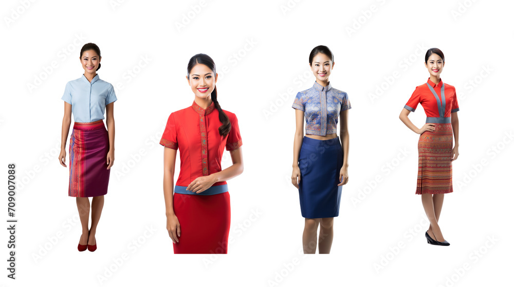 Set of images of flight attendants dressed in traditional Thai clothing, full body, on a transparent background PNG Set of images of flight attendants dressed in traditional Thai clothing, full body, on a transparent background PNG