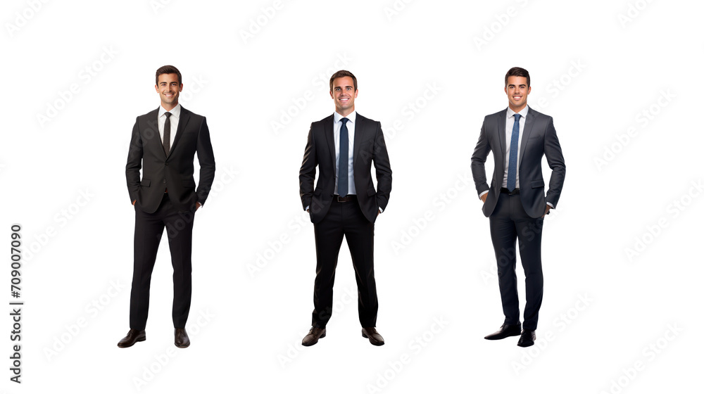 Full image of a businessman standing and smiling, looking at the camera, on a transparent background PNG Full image of a businessman standing and smiling, looking at the camera, on a transparent background PNG