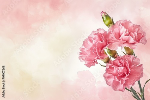 Carnation flower on soft pink background, copy space.
