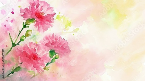 Pink carnation flowers on a watercolor background, copy space.