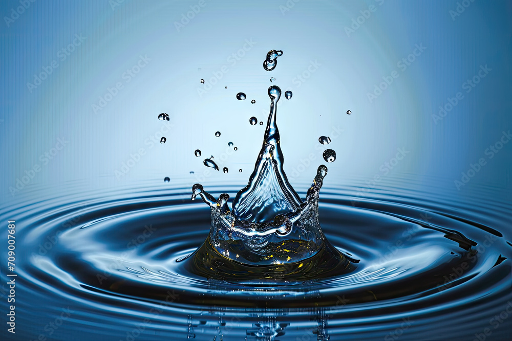 A high-quality image capturing a close-up of a dynamic water splash against a vibrant blue background. for advertising, marketing, websites, and design projects needing a fresh and energetic visual