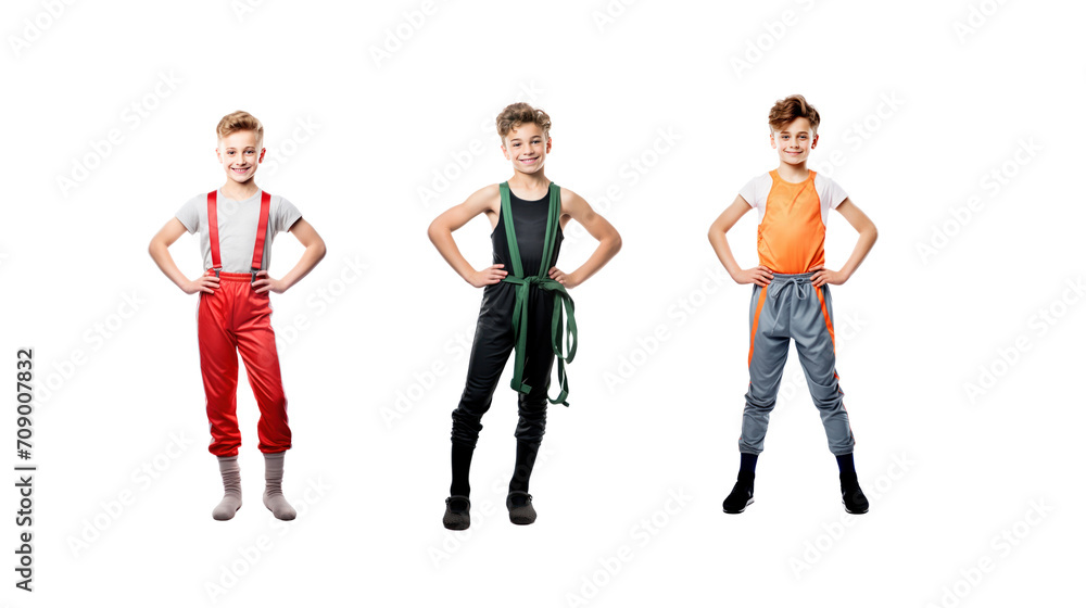 Fototapeta premium Set of images of a smiling gymnast looking at the camera, isolated, full length, on a transparent background PNG.