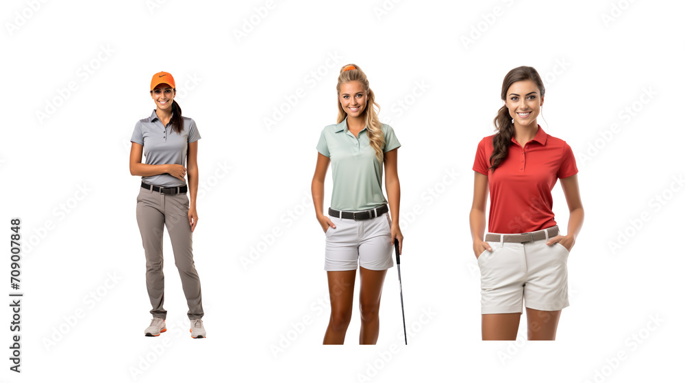 Obraz premium Set of images of smiling female golfers standing and looking at the camera, full body, on transparent background PNG