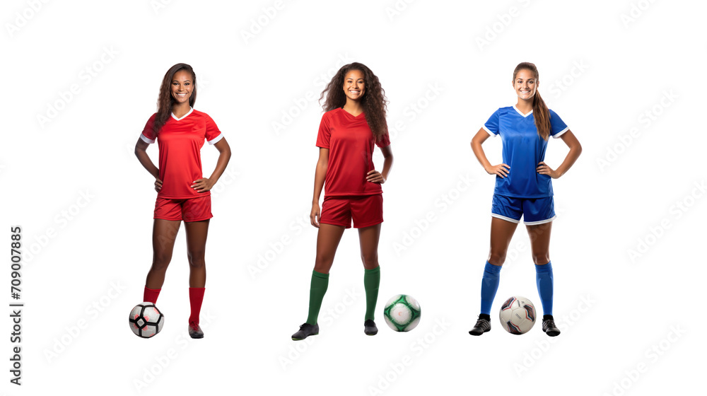 Female soccer player standing smiling looking at camera, full body, on transparent background PNG Female soccer player standing smiling looking at camera, full body, on transparent background PNG