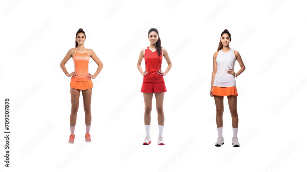 Female badminton player standing smiling looking at camera, full body, on transparent background PNG
