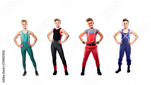 Set of images of a smiling gymnast looking at the camera, isolated, full length, on a transparent background PNG.