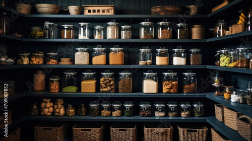 Organization of food storage. Cozy pantry with glass jars and wicker baskets. Dark colour palette. Generative AI