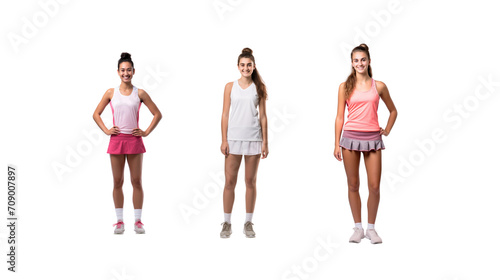 Female badminton player standing smiling looking at camera, full body, on transparent background PNG